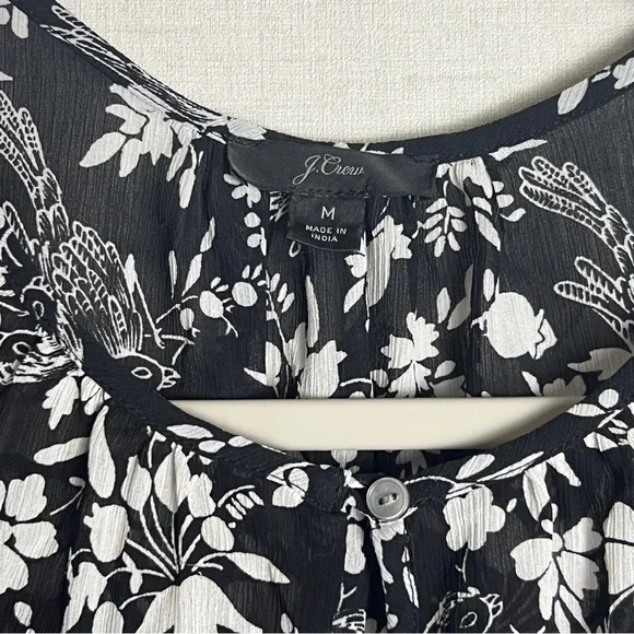 J Crew Black/Ivory Bird & Floral Toile Print Ruched‎ Sleeve Top Size Medium - Picture 5 of 8